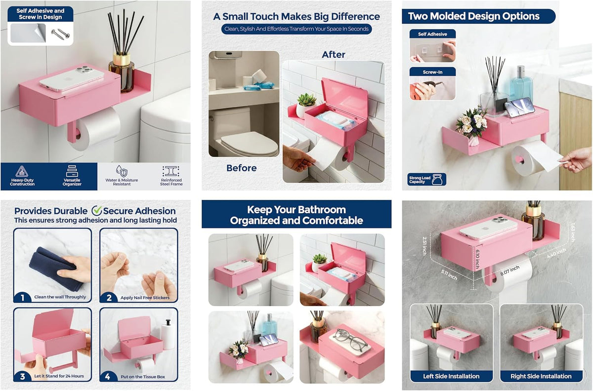 Pink Toilet Paper Holder with Shelf & Storage – Wall Mount Adhesive or Screw Installation – Wipes Dispenser and Phone Shelf – Modern Toilet Roll Holder for Bathroom – Pink Bathroom Decor Accent
