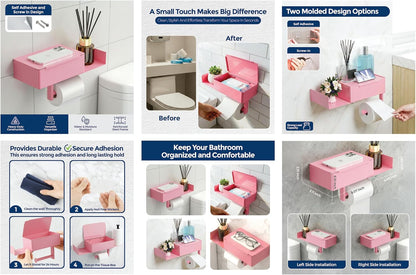 Pink Toilet Paper Holder with Shelf & Storage – Wall Mount Adhesive or Screw Installation – Wipes Dispenser and Phone Shelf – Modern Toilet Roll Holder for Bathroom – Pink Bathroom Decor Accent