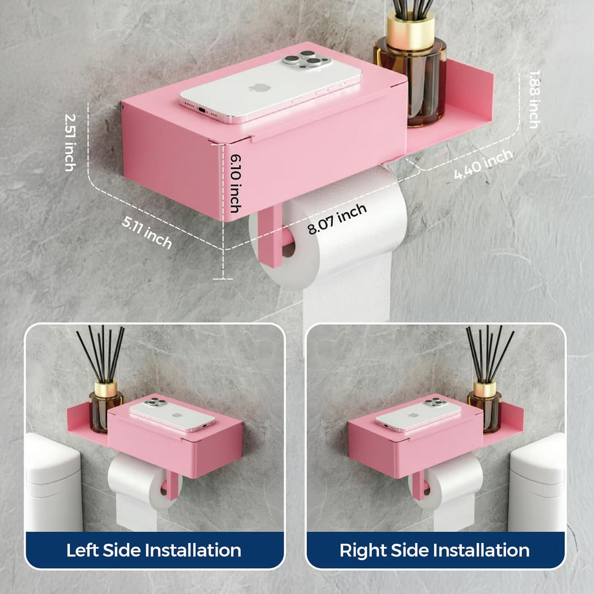 Pink Toilet Paper Holder with Shelf & Storage – Wall Mount Adhesive or Screw Installation – Wipes Dispenser and Phone Shelf – Modern Toilet Roll Holder for Bathroom – Pink Bathroom Decor Accent
