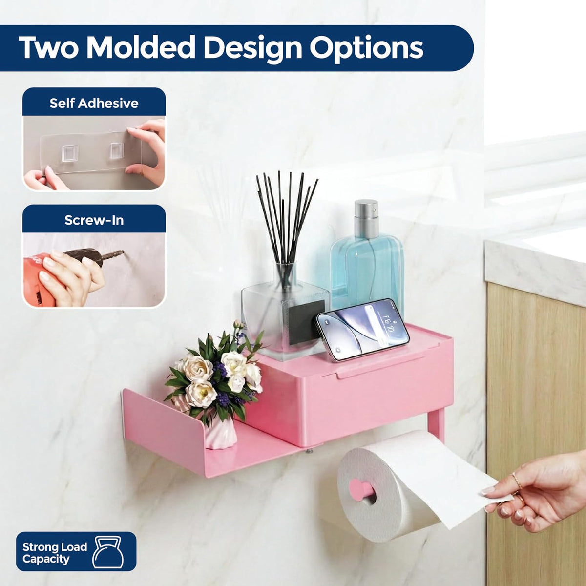 Pink Toilet Paper Holder with Shelf & Storage – Wall Mount Adhesive or Screw Installation – Wipes Dispenser and Phone Shelf – Modern Toilet Roll Holder for Bathroom – Pink Bathroom Decor Accent