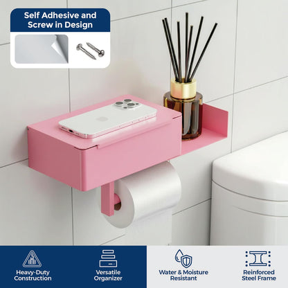 Pink Toilet Paper Holder with Shelf & Storage – Wall Mount Adhesive or Screw Installation – Wipes Dispenser and Phone Shelf – Modern Toilet Roll Holder for Bathroom – Pink Bathroom Decor Accent
