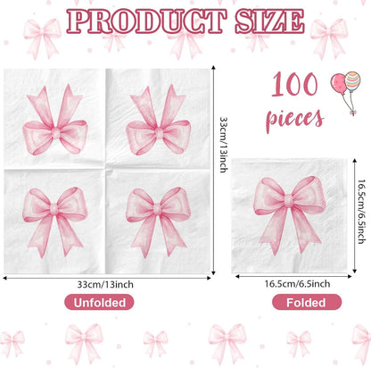 100Pcs Pink Bow Napkins Decorative Bow Coquette Napkins for Bachelorette Bridal Wedding Baby Shower Tea Party Decoration Supplies