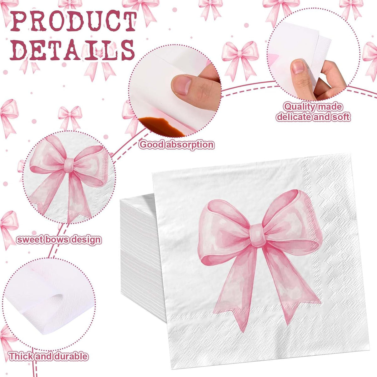 100Pcs Pink Bow Napkins Decorative Bow Coquette Napkins for Bachelorette Bridal Wedding Baby Shower Tea Party Decoration Supplies