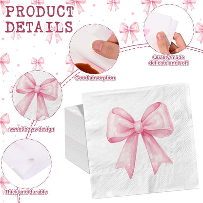 100Pcs Pink Bow Napkins Decorative Bow Coquette Napkins for Bachelorette Bridal Wedding Baby Shower Tea Party Decoration Supplies