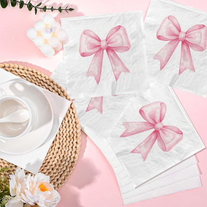 100Pcs Pink Bow Napkins Decorative Bow Coquette Napkins for Bachelorette Bridal Wedding Baby Shower Tea Party Decoration Supplies