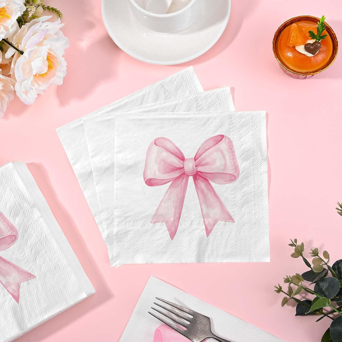 100Pcs Pink Bow Napkins Decorative Bow Coquette Napkins for Bachelorette Bridal Wedding Baby Shower Tea Party Decoration Supplies