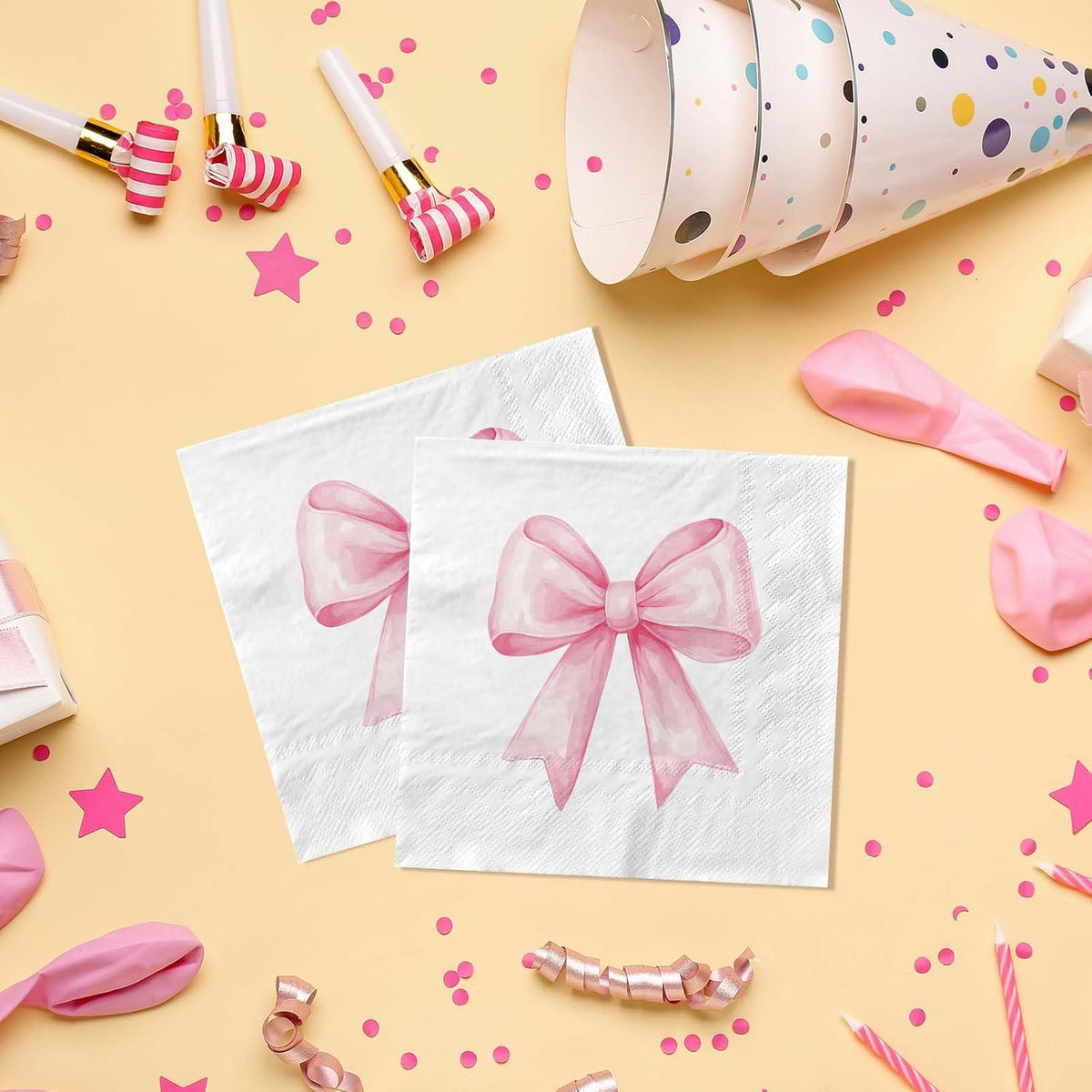 100Pcs Pink Bow Napkins Decorative Bow Coquette Napkins for Bachelorette Bridal Wedding Baby Shower Tea Party Decoration Supplies