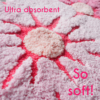 Pink Flower Bath Mat Daisy Floral Light Pink Blush Peach Coral Cute Bathroom Rugs for Girls Funny Shower Fun Bathroom Decor Non-Slip Washable Kids Women Novelty Plant