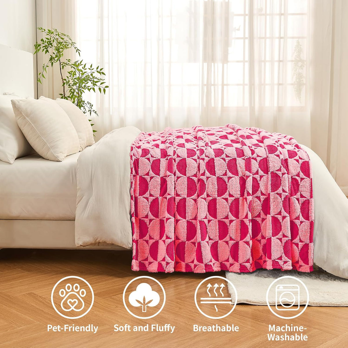3D Circle Pattern 300 GSM Soft Throw Blankets for Bed - Hot Pink Throw Blankets for Women,Warm Small Throw Blanket, 60x80 Inches