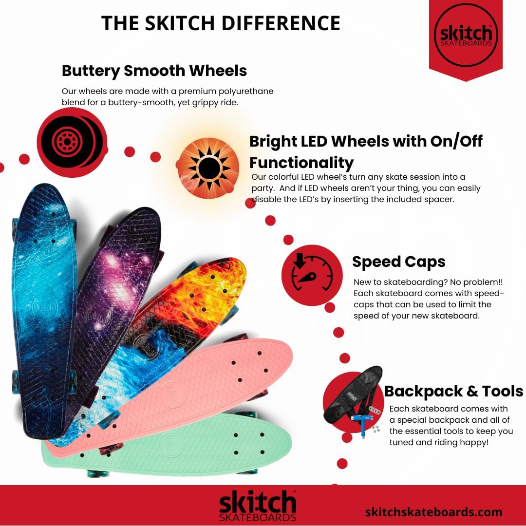 SKITCH Skateboards for Kids, Teens and Adults | Premium Skateboard Gift Set for Beginners and Pros Complete with Mini Cruiser Board + Skateboard Backpack + Video Course + Speed Control + Skate Tool