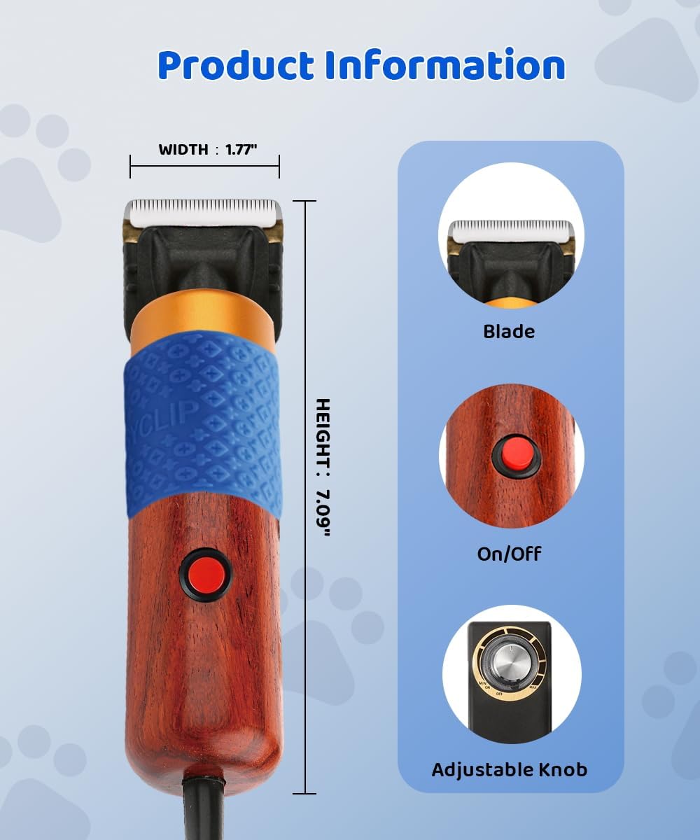 200W Professional Dog Grooming Clippers with Stepless Speed Control, Low Noise <50dB Pet Hair Trimmer Kit, Solid Wood Handle, 2 Blades, Dual-Sided Guide Combs, Heavy-Duty Plug-in Clippers for Cats