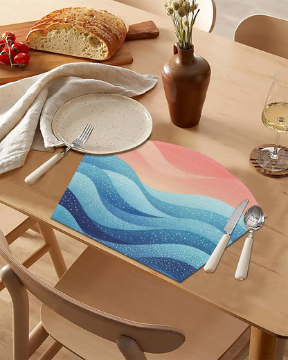 Round Table Placemats Set of 4, Blue Peach Layered Ocean Waves Wedge Table Mat Washable Placemat, Gradient Striped Fan Shape Place Mats for Kitchen Indoor Outdoor