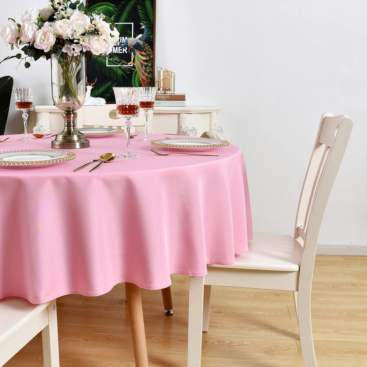 Pink Round Tablecloth Waterproof Wrinkle Free Table Cloth, 48 inch