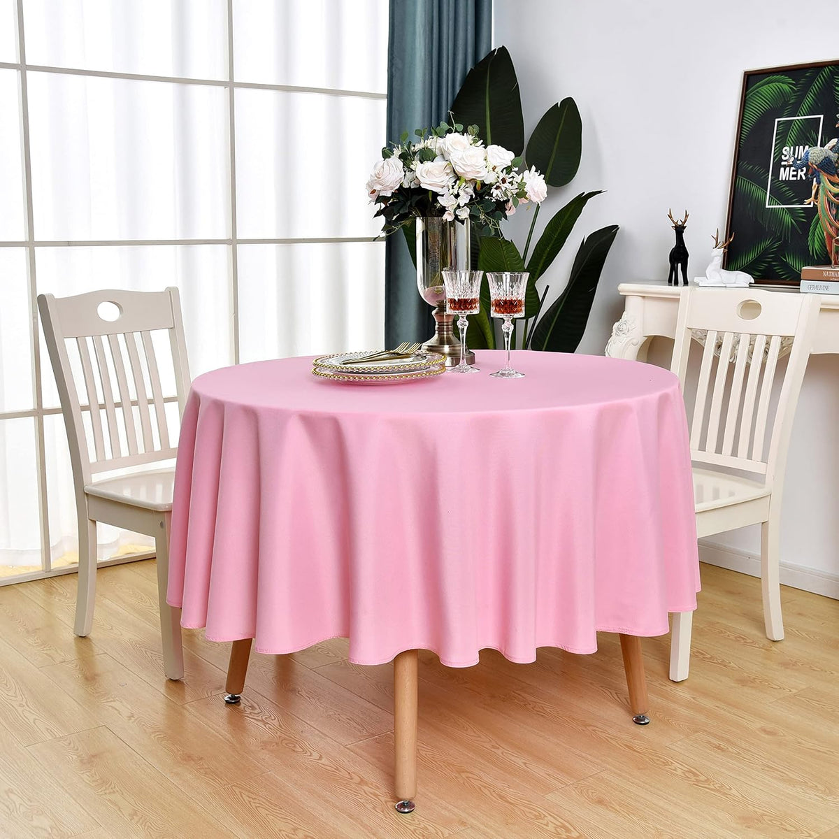Pink Round Tablecloth Waterproof Wrinkle Free Table Cloth, 48 inch