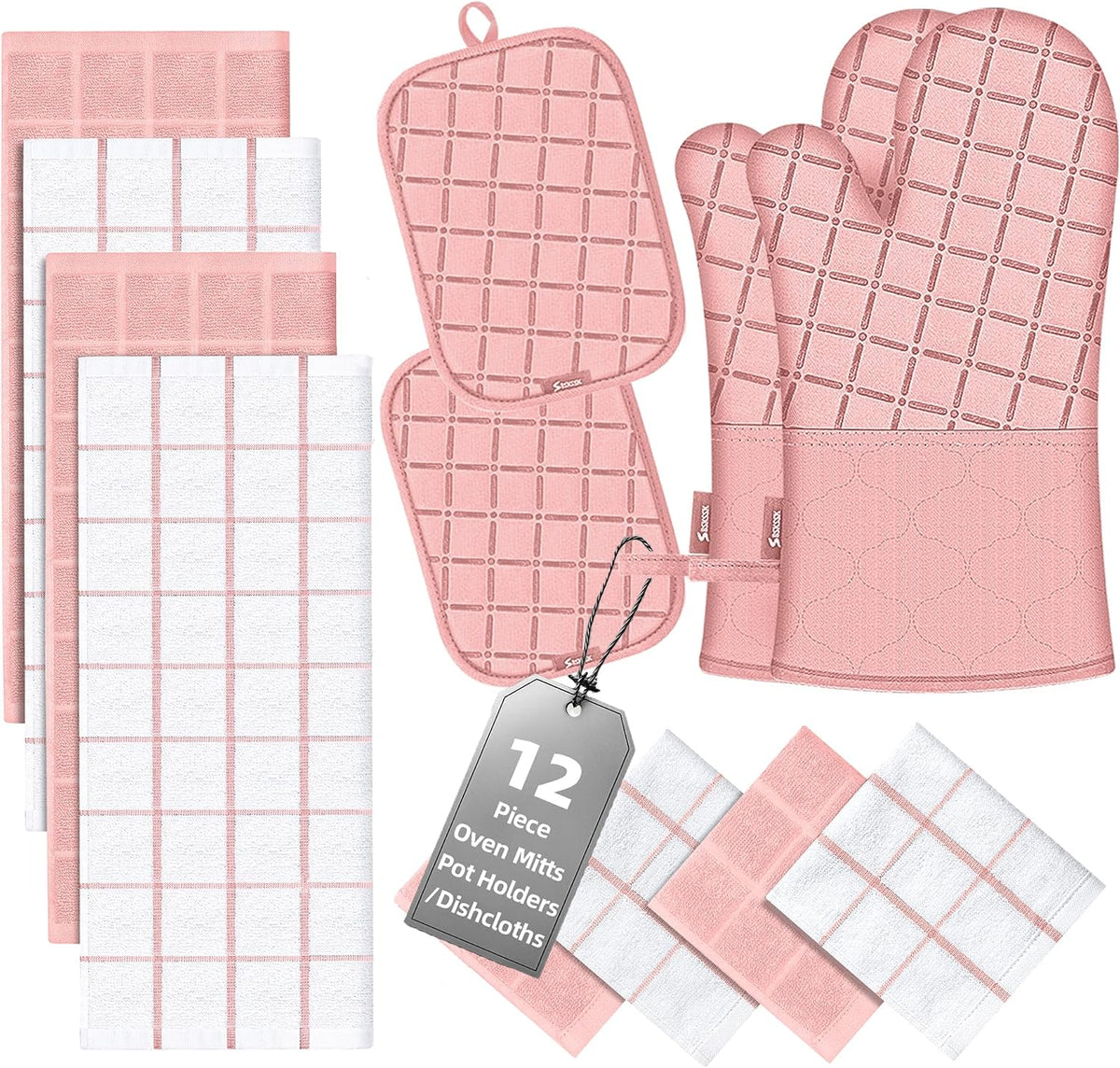 Oven Mitts Pot Holders Sets/Kitchen Towels and Dishcloths, Oven Gloves Kitchen Dish Towels 500 Degree Heat Resistant Potholders with Non-Slip Silicone Surface for Cooking, Grilling, Baking-Pink