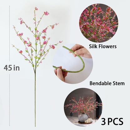 3Pcs 45" Artificial Cherry Blossom Branches Pink Fake Silk Cherry Blossoms Flowers with Long Stem for Wedding Decorations Table Centerpieces Vase Arrangement Home Decor (Pink)