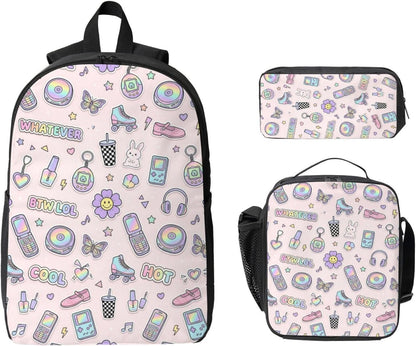 Y2K Pastel Sticker Flip Phone Roller Skate Butterfly Light Pink Seamless Pattern 17 Inch 3Pcs Backpack Set, 600D Oxford Cloth Travel Backpack, Insulated Lunch Bag & Pencil Pouch