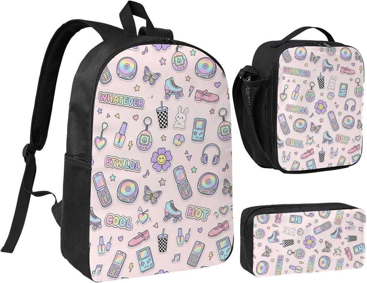 Y2K Pastel Sticker Flip Phone Roller Skate Butterfly Light Pink Seamless Pattern 17 Inch 3Pcs Backpack Set, 600D Oxford Cloth Travel Backpack, Insulated Lunch Bag & Pencil Pouch