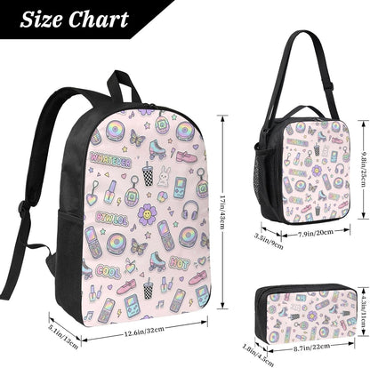 Y2K Pastel Sticker Flip Phone Roller Skate Butterfly Light Pink Seamless Pattern 17 Inch 3Pcs Backpack Set, 600D Oxford Cloth Travel Backpack, Insulated Lunch Bag & Pencil Pouch