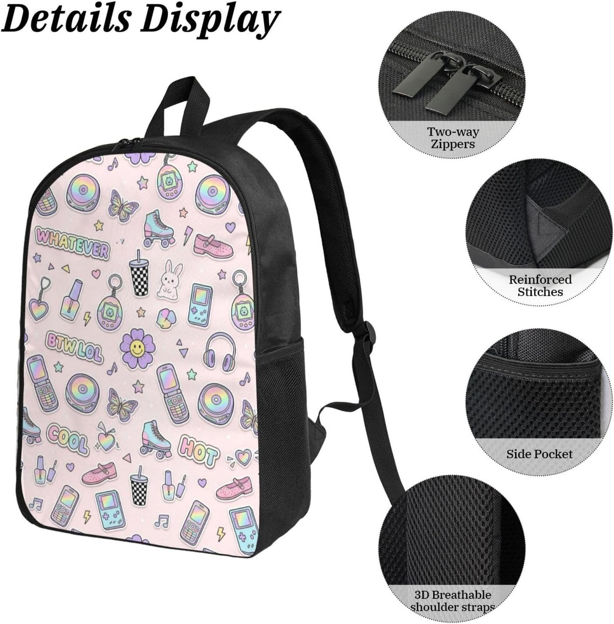 Y2K Pastel Sticker Flip Phone Roller Skate Butterfly Light Pink Seamless Pattern 17 Inch 3Pcs Backpack Set, 600D Oxford Cloth Travel Backpack, Insulated Lunch Bag & Pencil Pouch