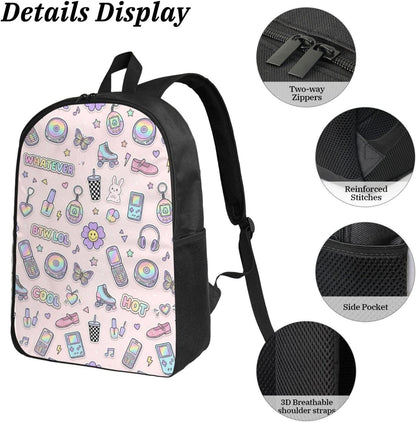 Y2K Pastel Sticker Flip Phone Roller Skate Butterfly Light Pink Seamless Pattern 17 Inch 3Pcs Backpack Set, 600D Oxford Cloth Travel Backpack, Insulated Lunch Bag & Pencil Pouch