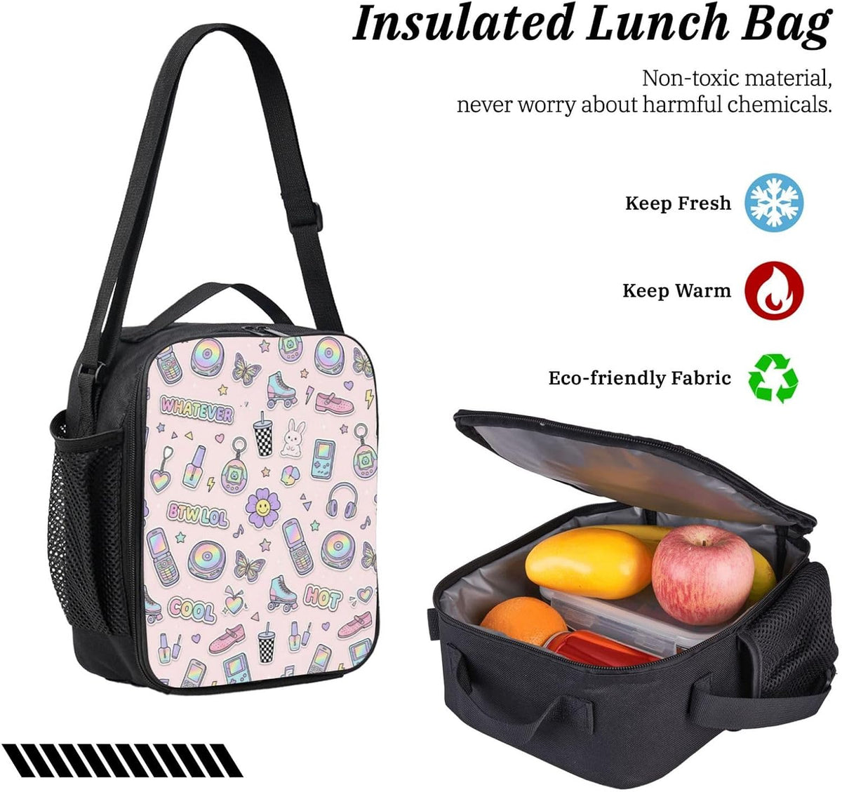 Y2K Pastel Sticker Flip Phone Roller Skate Butterfly Light Pink Seamless Pattern 17 Inch 3Pcs Backpack Set, 600D Oxford Cloth Travel Backpack, Insulated Lunch Bag & Pencil Pouch
