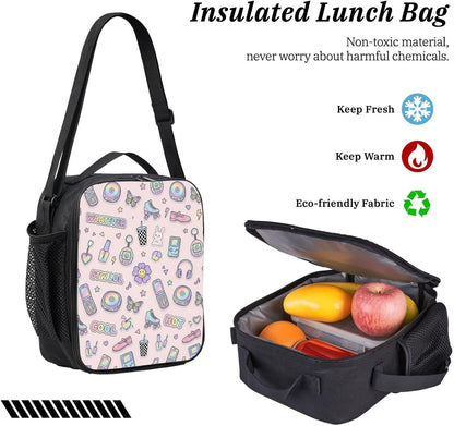 Y2K Pastel Sticker Flip Phone Roller Skate Butterfly Light Pink Seamless Pattern 17 Inch 3Pcs Backpack Set, 600D Oxford Cloth Travel Backpack, Insulated Lunch Bag & Pencil Pouch