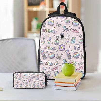 Y2K Pastel Sticker Flip Phone Roller Skate Butterfly Light Pink Seamless Pattern 17 Inch 3Pcs Backpack Set, 600D Oxford Cloth Travel Backpack, Insulated Lunch Bag & Pencil Pouch