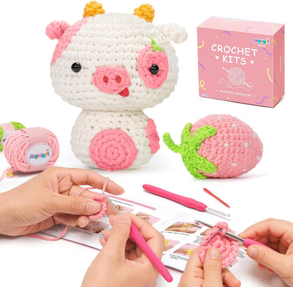 Strawberry Cow Crochet Kit for Beginners, 40% Extra Yarn