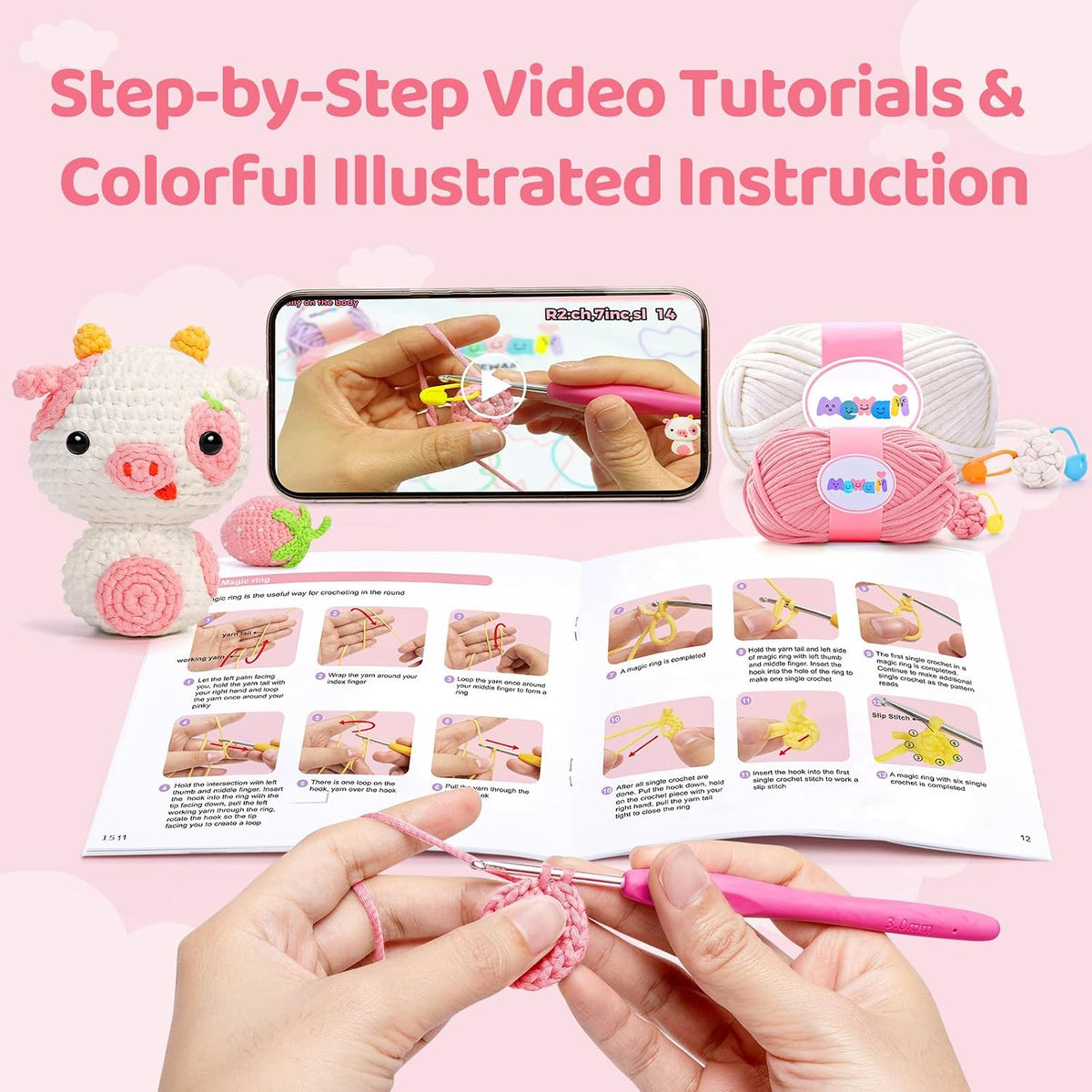 Strawberry Cow Crochet Kit for Beginners, 40% Extra Yarn