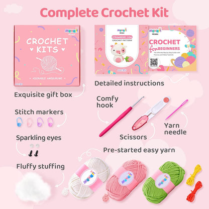 Strawberry Cow Crochet Kit for Beginners, 40% Extra Yarn