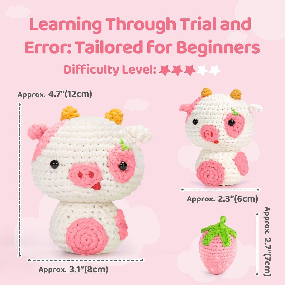 Strawberry Cow Crochet Kit for Beginners, 40% Extra Yarn