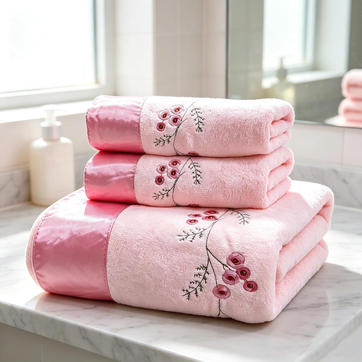 Pink Plum Blossom-Embroidered Bath Towel Set, 3 Pieces，Soft, Skin-Friendly and Water-Absorbent, Mother's Day and Valentine's Day Gift(1 Bath Towel,2 Hand Towels)