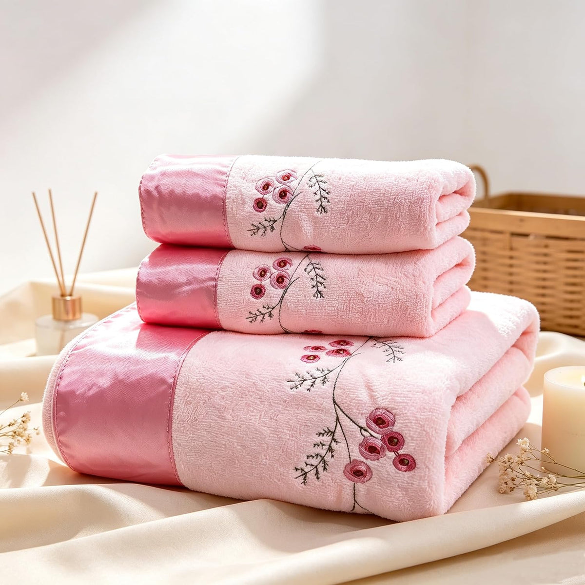 Pink Plum Blossom-Embroidered Bath Towel Set, 3 Pieces，Soft, Skin-Friendly and Water-Absorbent, Mother's Day and Valentine's Day Gift(1 Bath Towel,2 Hand Towels)