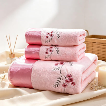Pink Plum Blossom-Embroidered Bath Towel Set, 3 Pieces，Soft, Skin-Friendly and Water-Absorbent, Mother's Day and Valentine's Day Gift(1 Bath Towel,2 Hand Towels)