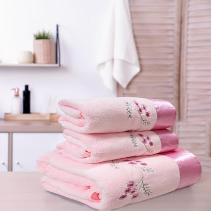 Pink Plum Blossom-Embroidered Bath Towel Set, 3 Pieces，Soft, Skin-Friendly and Water-Absorbent, Mother's Day and Valentine's Day Gift(1 Bath Towel,2 Hand Towels)