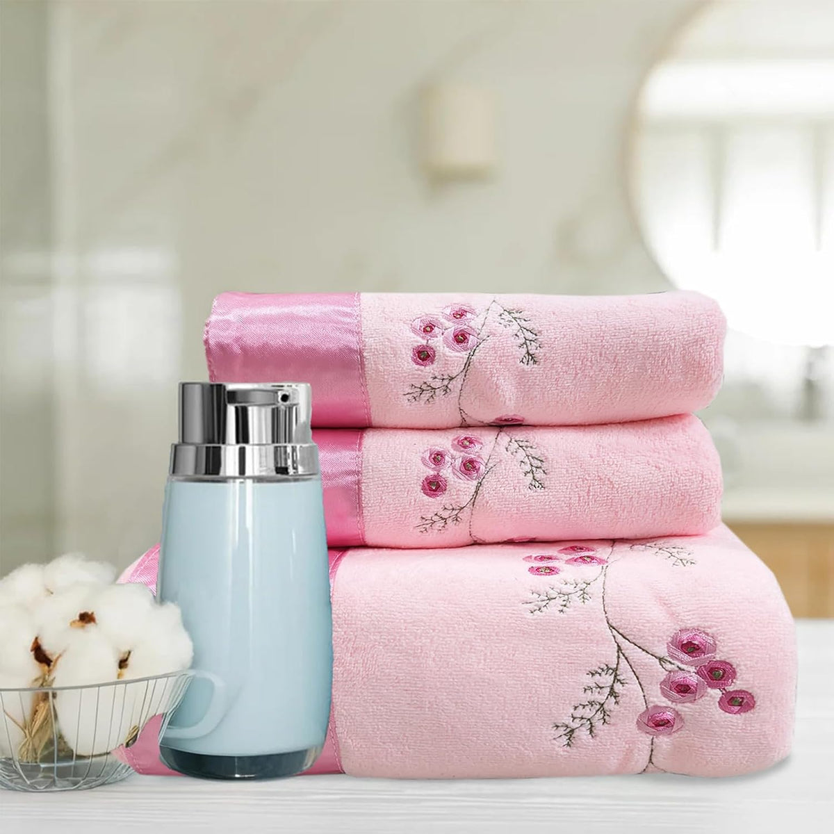 Pink Plum Blossom-Embroidered Bath Towel Set, 3 Pieces，Soft, Skin-Friendly and Water-Absorbent, Mother's Day and Valentine's Day Gift(1 Bath Towel,2 Hand Towels)