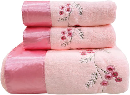 Pink Plum Blossom-Embroidered Bath Towel Set, 3 Pieces，Soft, Skin-Friendly and Water-Absorbent, Mother's Day and Valentine's Day Gift(1 Bath Towel,2 Hand Towels)