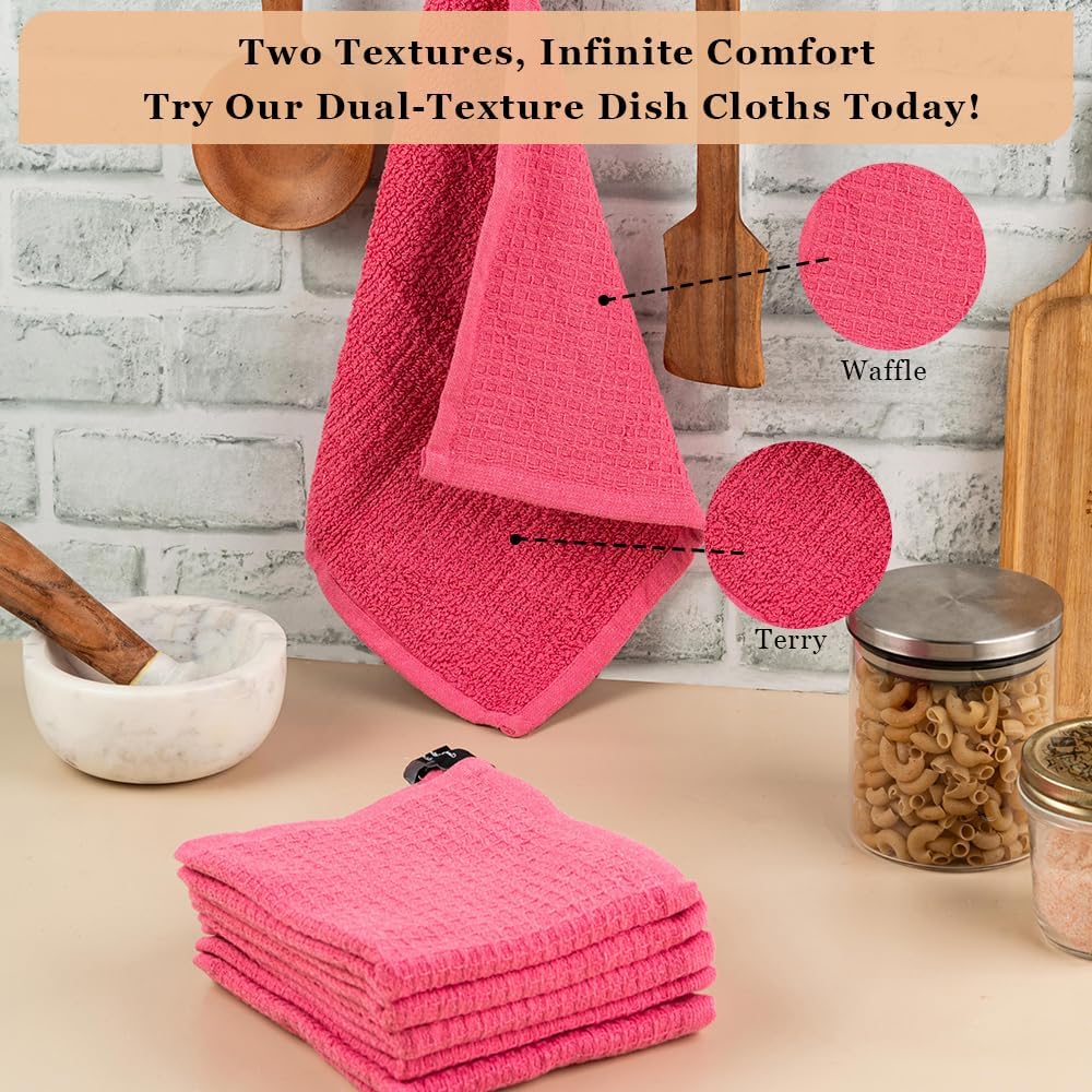 Kitchen Cleaning Dish Wash Cloths Waffle Terry Design Kitchen DishCloths|Washable 12x12 Cotton Dish Rags for Drying Dishes|Counter Top Barista Dust Wipes|Spring Easter Basket Decor| 6 Pc Set- Pink