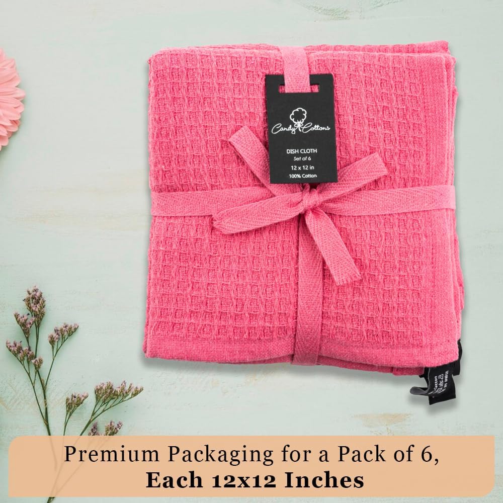 Kitchen Cleaning Dish Wash Cloths Waffle Terry Design Kitchen DishCloths|Washable 12x12 Cotton Dish Rags for Drying Dishes|Counter Top Barista Dust Wipes|Spring Easter Basket Decor| 6 Pc Set- Pink