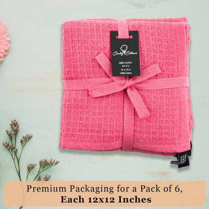 Kitchen Cleaning Dish Wash Cloths Waffle Terry Design Kitchen DishCloths|Washable 12x12 Cotton Dish Rags for Drying Dishes|Counter Top Barista Dust Wipes|Spring Easter Basket Decor| 6 Pc Set- Pink