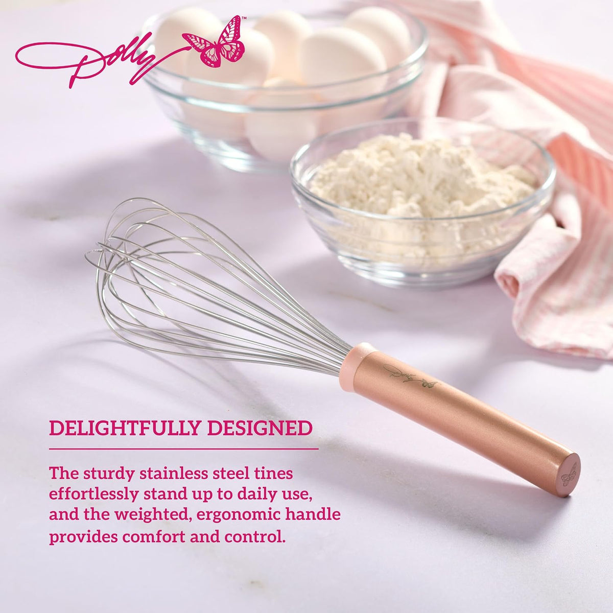 Whisk – 12-Inch Stainless Steel Whisk with Blush Details, Ergonomic Handle, Dishwasher Safe, Perfect for Beating Eggs, Whipping Cream & Mixing Batters