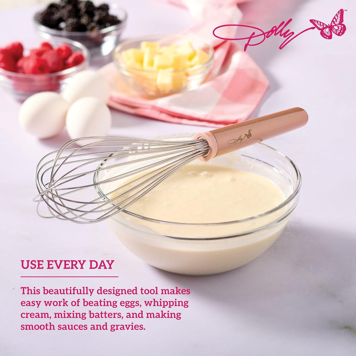 Whisk – 12-Inch Stainless Steel Whisk with Blush Details, Ergonomic Handle, Dishwasher Safe, Perfect for Beating Eggs, Whipping Cream & Mixing Batters