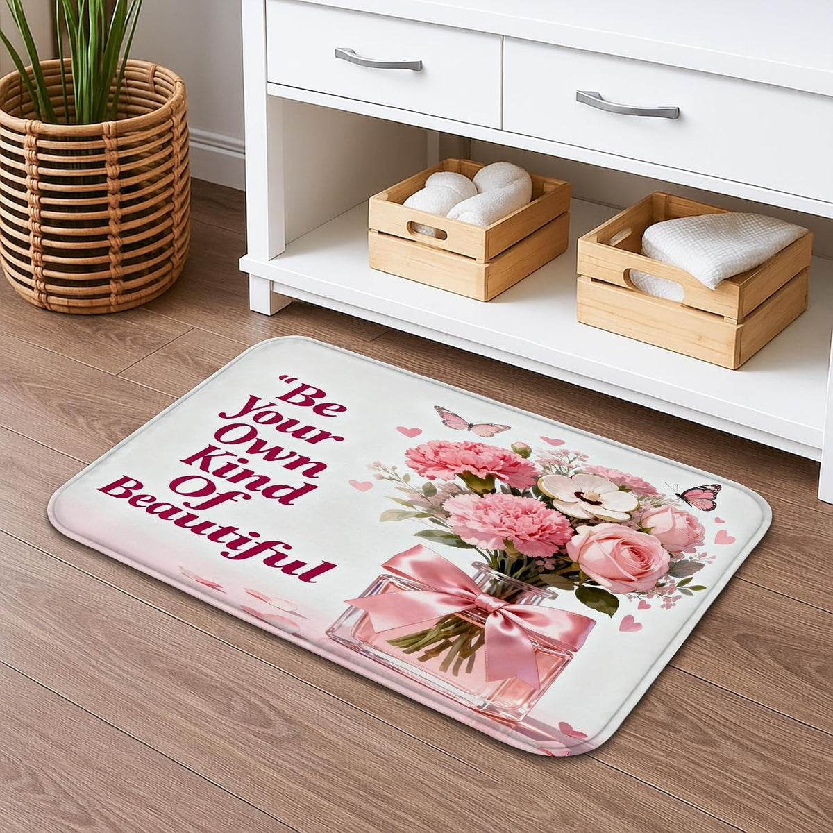 Floral Quick Dry Bath Mat, Peach Flower Bouquet Absorbent Non Slip Shower Mat, Spring Washable Bath Rugs for Bathroom Toilet Restroom Decorative 20x32 Inch