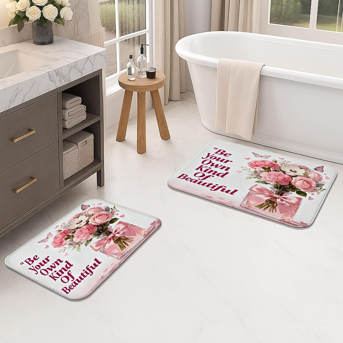 Floral Quick Dry Bath Mat, Peach Flower Bouquet Absorbent Non Slip Shower Mat, Spring Washable Bath Rugs for Bathroom Toilet Restroom Decorative 20x32 Inch
