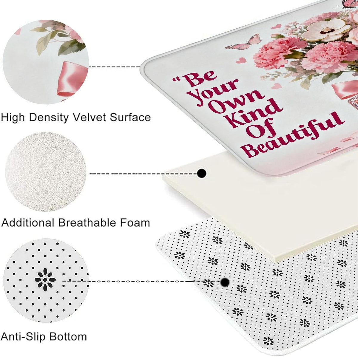 Floral Quick Dry Bath Mat, Peach Flower Bouquet Absorbent Non Slip Shower Mat, Spring Washable Bath Rugs for Bathroom Toilet Restroom Decorative 20x32 Inch