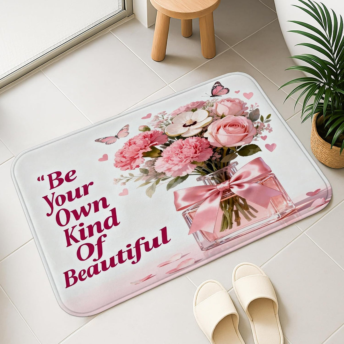 Floral Quick Dry Bath Mat, Peach Flower Bouquet Absorbent Non Slip Shower Mat, Spring Washable Bath Rugs for Bathroom Toilet Restroom Decorative 20x32 Inch