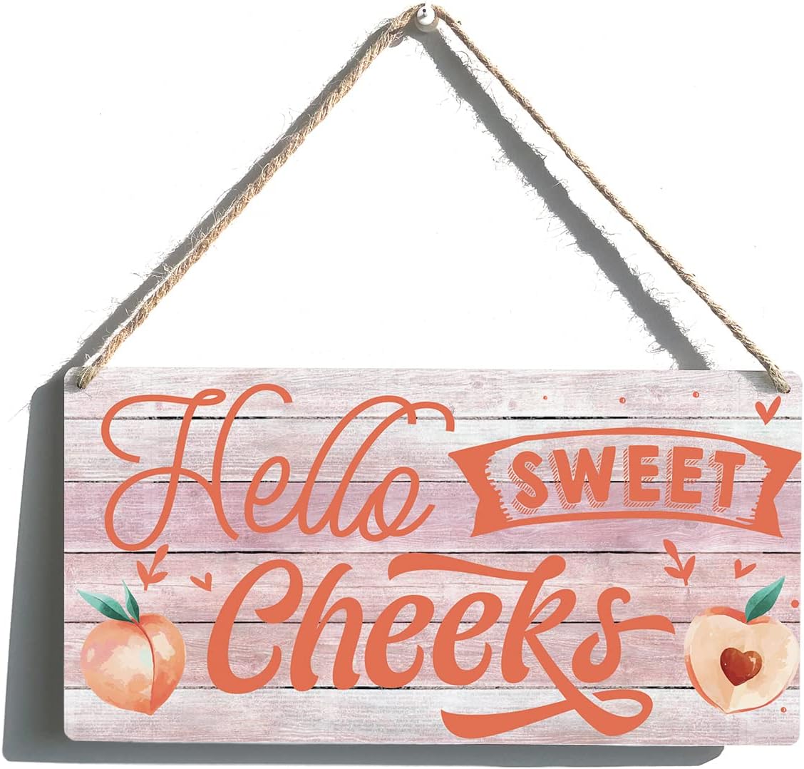 Hello Sweet Cheeks Sign Funny Farmhouse Peach Wooden Hanging Sign Plaque Rustic Wall Art Decor Home Bathroom Decoration 12 x 6 Inches