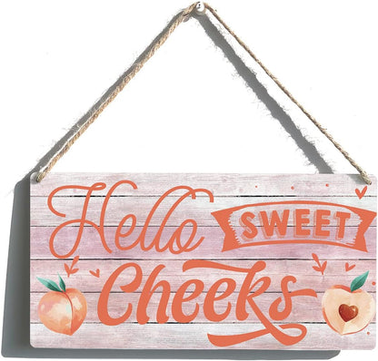 Hello Sweet Cheeks Sign Funny Farmhouse Peach Wooden Hanging Sign Plaque Rustic Wall Art Decor Home Bathroom Decoration 12 x 6 Inches