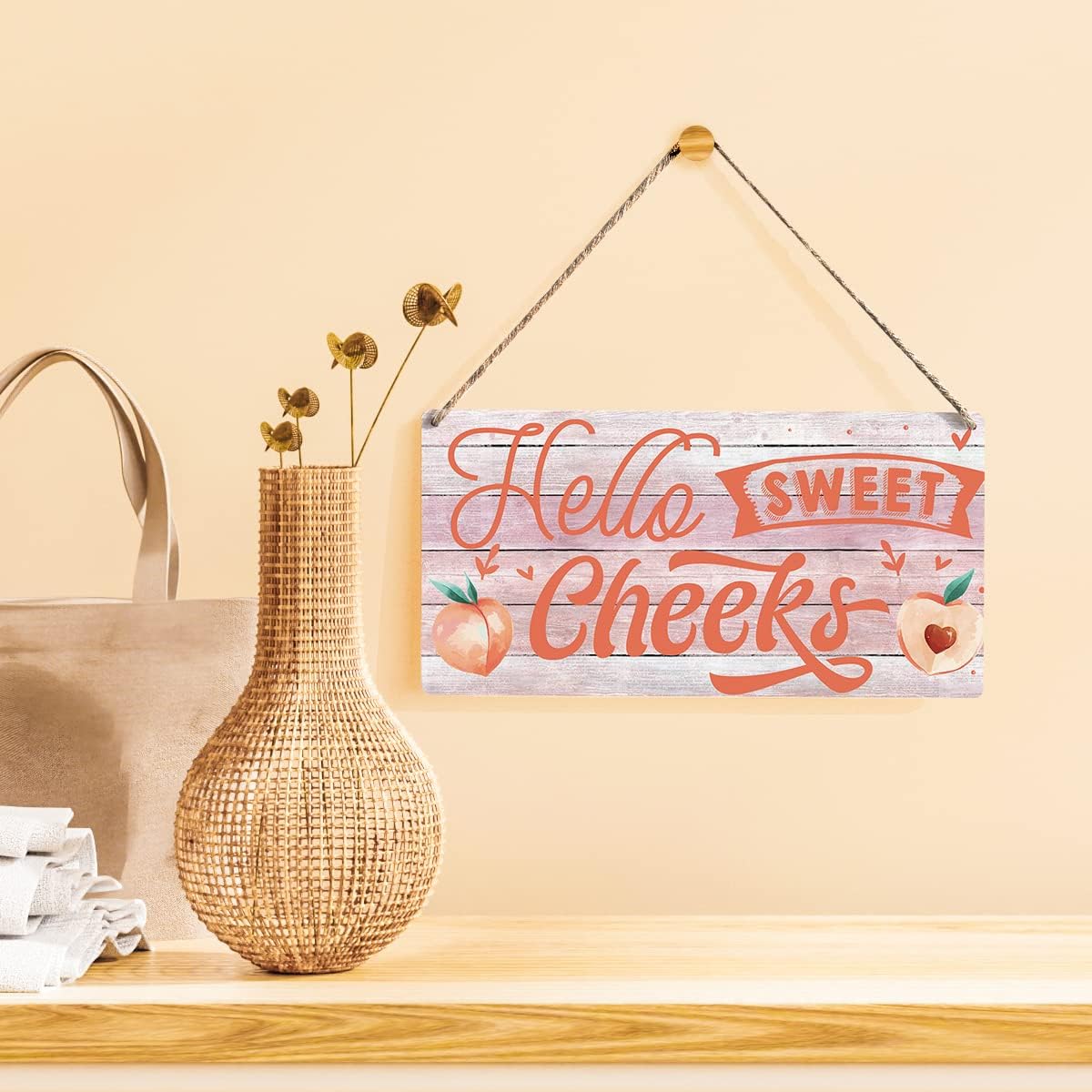 Hello Sweet Cheeks Sign Funny Farmhouse Peach Wooden Hanging Sign Plaque Rustic Wall Art Decor Home Bathroom Decoration 12 x 6 Inches